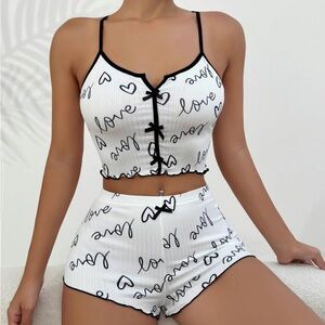 Women’s 2pcs Heart Print Bow Decor Pajama Set